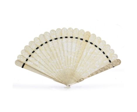 Canton ivory fan Chinese, 1900 decorated to the blades with floral motifs, the central scene with a pagoda and an emblem to t