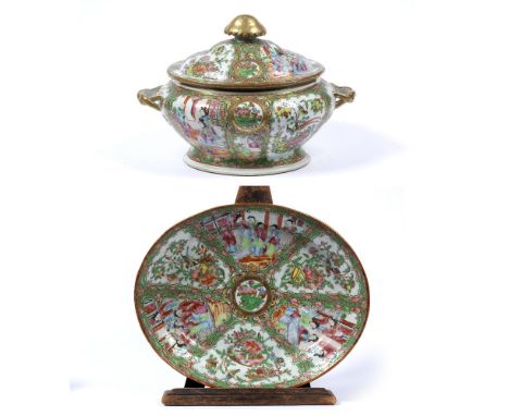 Canton rose medallion oval tureen, cover and stand Chinese, 19th Century painted with panels of figures, with gilt finial and