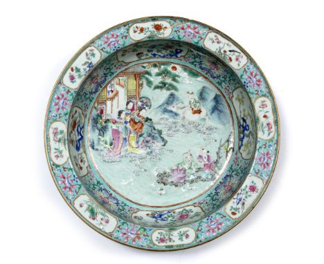 Turquoise-ground famille rose basin Chinese, Jiaqing (1796-1799) decorated with a central scene depicting three female attend