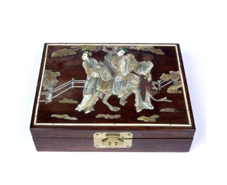 Hardwood jewellery box Chinese mounted with mother of pearl and ivory 28cm across