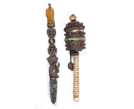 Prayer wheel and a vajra Tibet, 19th/20th Century the prayer wheel with a cylindrical box embossed with decoration and inset 