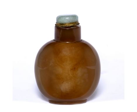Brown agate snuff bottle Chinese, 1840-1860 of rounded rectangular form, and engraved to one side with a single dragonfly in 