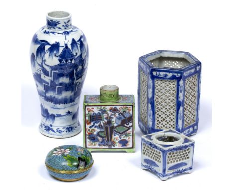 Blue and white porcelain vase Chinese, 19th Century with Kangxi mark 23cm  a clobbered tea caddy, a cloisonne ink pot and cov