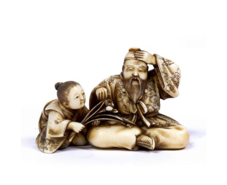 Ivory okimono Japanese of a seated bearded gentleman hand held to his forehead as a youth kneels at his feet offering a flowe