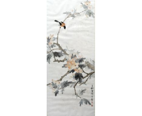 Scroll Chinese watercolour and gouache wash  depicting birds and blossom, inscribed and signed with double red seal 92cm x 38