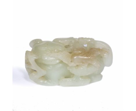 Jade carving of a dog Chinese, 19th Century with head turned, the animal lying to the ground with carved phoenix and ruyi sha