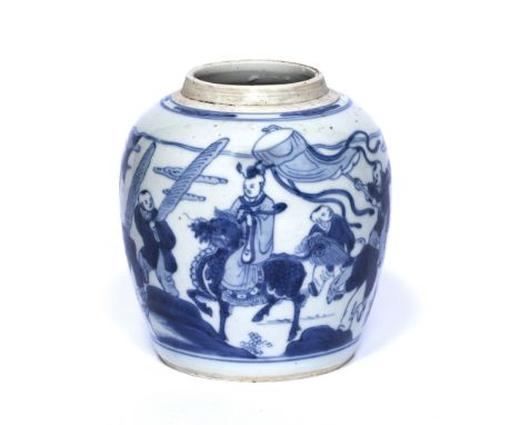 Blue and white jar Chinese, Kangxi (1662-1722) depicting figures in a procession with a central figure riding a kylin and oth