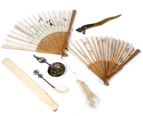 Two Canton fans Chinese the fans comprising of fabric decorated with birds, an ivory letter opener, a Chinese spoon with silv