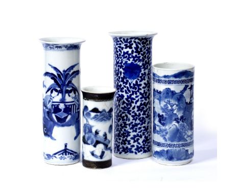 Blue and white cylindrical vase Chinese, 19th Century scrolling lotus design, Kangxi mark 26cm and three other Chinese 19th C