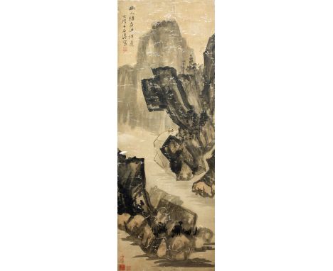 Framed scroll Chinese, 19th Century mountainous landscape, inscribed and signed with red seal mark 108cm x 41cm