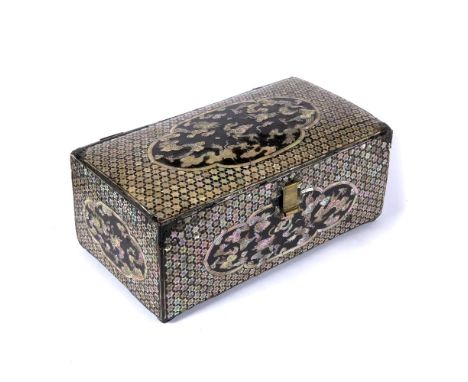 Lacquer and mother of pearl casket Korean the cover with panel of dragons and flaming pearls 31cm across