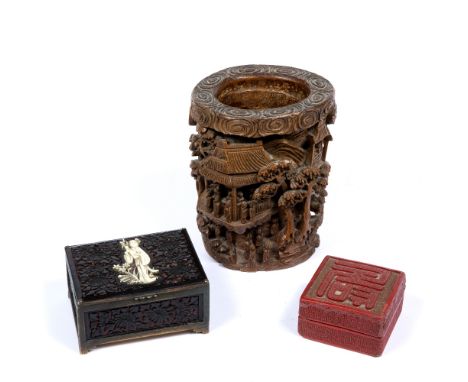 Bamboo brush pot Chinese carved to the exterior depicting a mountainous scene with figures, together with an lacquer box and 