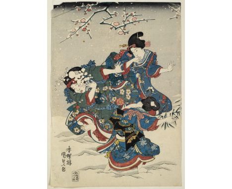 Utagawa Kunisada Japanese, 19th Century  Women and children playing in snow, woodblock print  37cm x 26