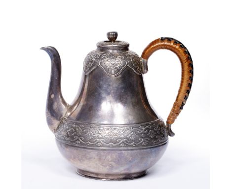 Silver teapot Japanese the baluster body embossed with a band of kiku flower heads within scrolling linear brackets and petal