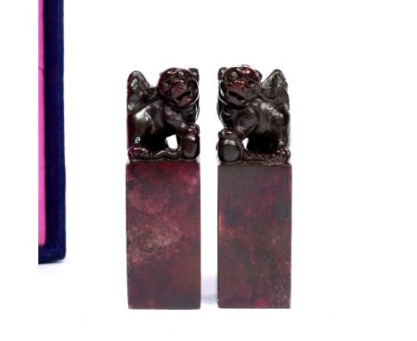 Pair of soapstone seals Chinese, 19th/20th Century each with kylin dog finial 8cm