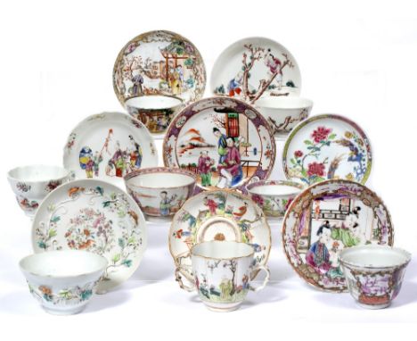 Group of eight tea bowls and saucers Chinese, 18th Century including one with a figure sawing and cutting with an axe two bra