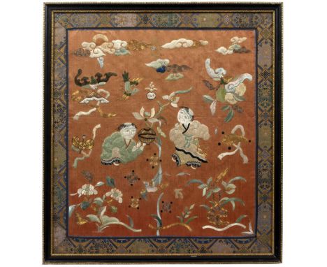 Silk and embroidered panel Chinese the centre having two young boys playing amongst various bats, birds and stylised clouds 5