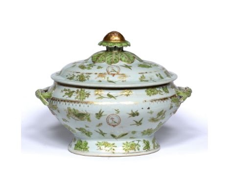 Armorial oval tureen and cover Chinese, late 18th/19th Century green enamel foliate decoration and coat of arms with motto De