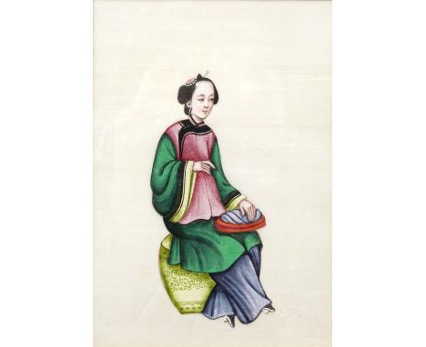 Set of six pith studies Chinese, 19th Century to include various scenes of ladies sewing, writing, playing a musical instrume