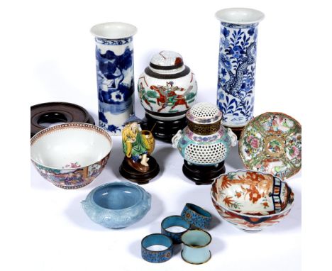 Group of pieces Chinese, 19th/20th Century including reticulated polychrome small lamp 11.5cm a blue dragon brush washer, 11c