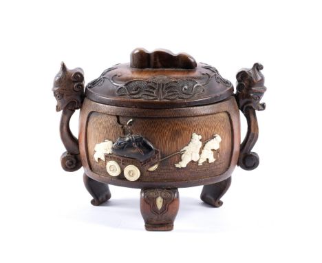 Bamboo censer and cover Japanese, Meiji period inlaid with ivory leaf's on one side, the other decorated with two small child