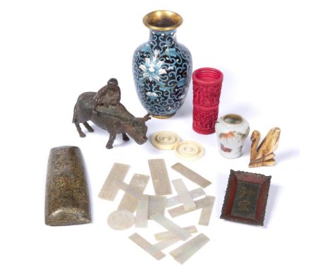 Small group of pieces Chinese including a miniature vase painted with horses, mother-of-pearl gaming counters, Canton stained