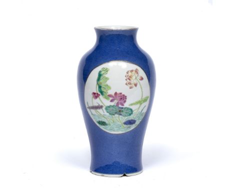 Powder blue baluster vase Chinese, 19th Century with two reserve panels of lotus flowers, birds and blossom Kangxi underglaze