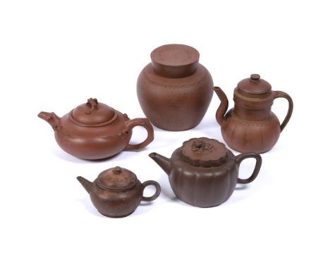 Group of five pieces of Yixing Chinese, 19th/20th Century including moulded teapot with seal mark, tea caddy, and three other