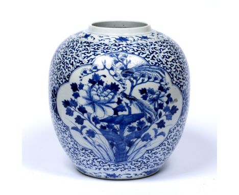 Large blue and white porcelain ginger jar Chinese, 19th Century painted with panel of birds and peonies within in a scroll lo