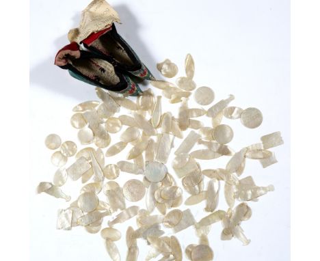 Pair of embroidered shoes Chinese with label, bought in Yunnan, 1934 and a collection of Chinese engraved mother-of-pearl gam