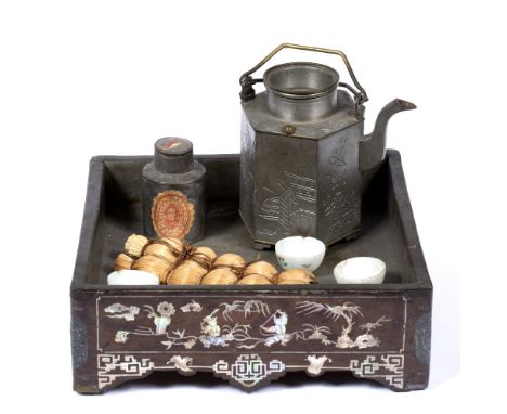 Group of tea ceremony pieces Chinese, 19th Century including a mother-of-pear inlaid square tray 24cm a lead  teapot, tea cad