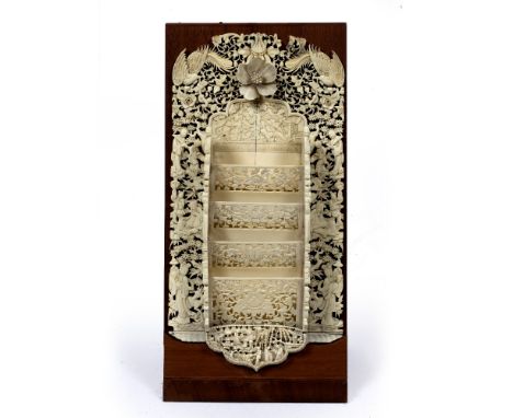 Canton ivory letter rack Chinese, 19th Century carved with a flower head and open fret work sides with various scholars, bird