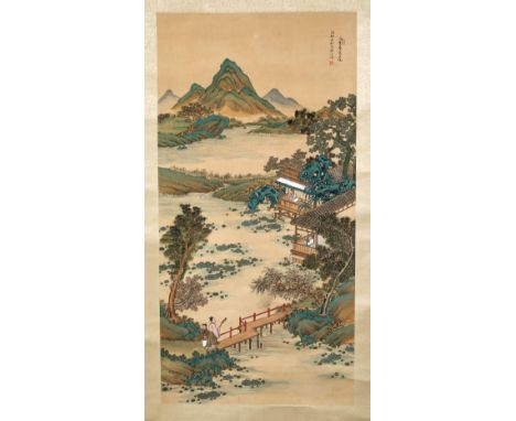 Scroll Chinese, 20th Century painted with figures on a balcony  40cm across x 79cm high