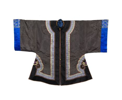 Silk coat Chinese, early 20th Century dark brown ground with embroidered edging and blue sleeve bands