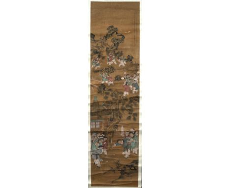 Four scrolls Chinese, 19th/early 20th Century painted the Ming style with various scenes including children dancing, flying k