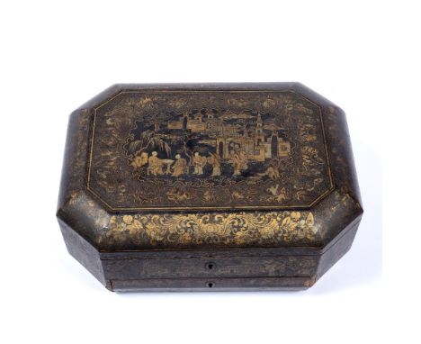 Export lacquer sewing box Chinese, early 19th Century the cover decorated with figures outside a temple, the interior with va