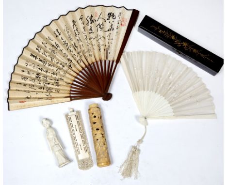 Group of ivory and other pieces Japanese to include an ivory cribbage board, ivory figure, ivory fumier, gold splash fan with