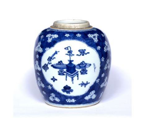 Blue and white porcelain ginger jar Chinese, Kangxi (1662-1722) having quatrefoil reserve panel with symbolic emblems includi