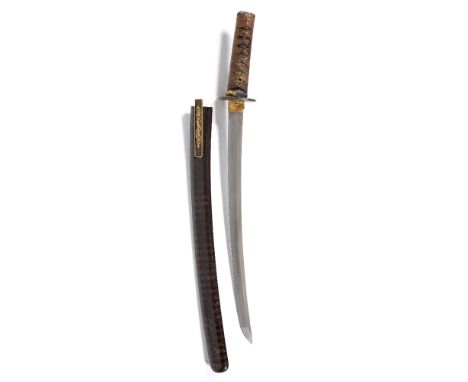 Wakizaski  Japanese in black lacquer and mother-of-pearl nashiji ground, scattered with Goto Shakudo Fuchi Kashira decorated 