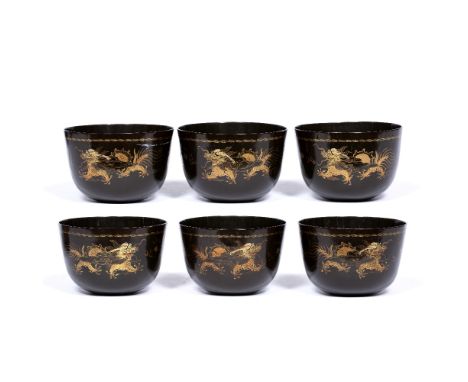 Six lacquer bowls Chinese, 20th Century each depicting two five clawed dragons chasing a central pearl  7cm high x 11cm acros