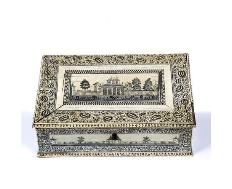 Vizagapatam ivory veneered sandalwood box Anglo-Indian, 19th century decorated to the top and sides of a country house and pa