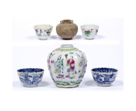 Hexagonal tea caddy Chinese, 19th Century with raised figures, two Chinese hexagonal tea bowls, two blue and white tea bowls 