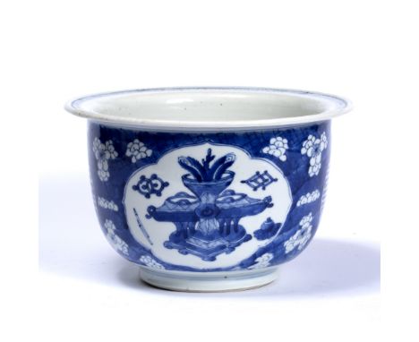 Blue and white flower pot Chinese, Kangxi (1662-1722) decorated in prunus leaf and two shou emblems and plaques either side d