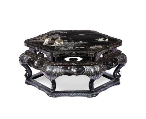 Lacquer shaped stand Chinese, 19th Century with inlaid mother of pearl depicting a terrace scene looking across a pond with h