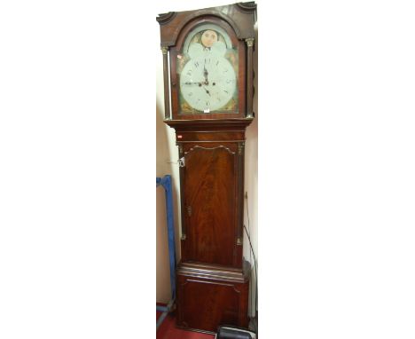 A George III mahogany longcase clock, having a painted arched moonphase dial, indistinctly signed Birmingham, having eight da