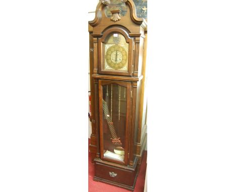 A Continental reproduction beech longcase clock, having a Tempus Fugit arched dial and twin weight driven movement with pendu