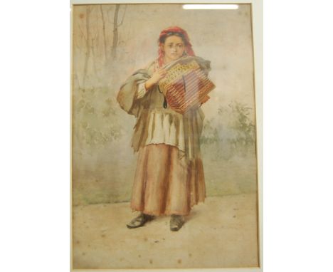 Attributed to Francis Arthur Fraser - Peasant girl playing a piano accordion, watercolour, 41 x 28cm 