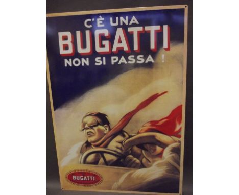 A large metal advertising sign 'Bugatti Cars', 20" x 27" 