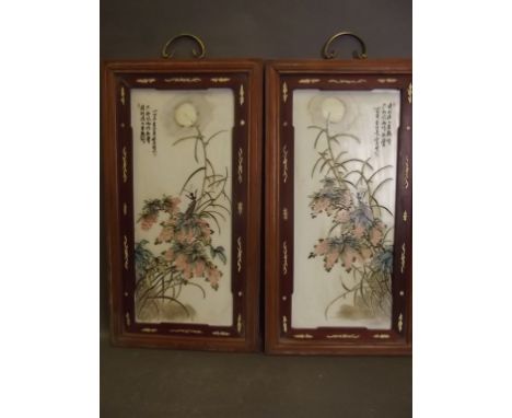 A pair of Chinese porcelain plaques decorated with stick insects amongst flowers with the sun in the background, signed in ca