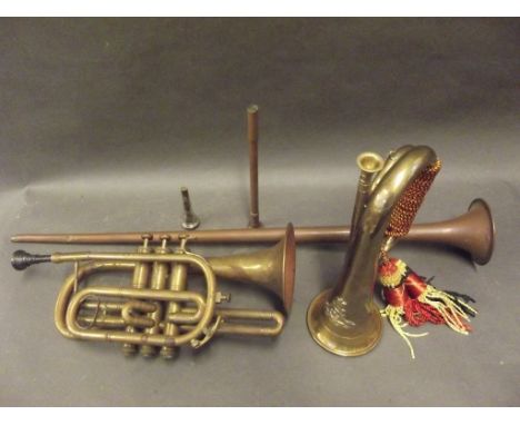 A brass trumpet for restoration, a replica brass bugle, and a copper coaching horn, trumpet 14" long 